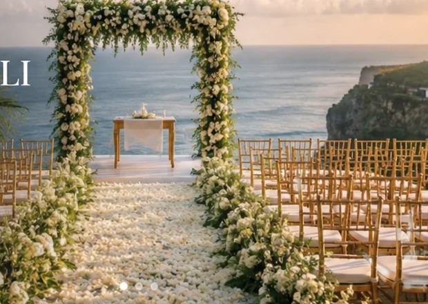 Bali wedding ceremony detail with floral arch and ocean view